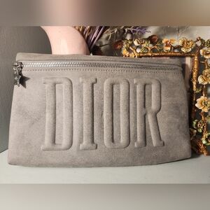 Christian Dior makeup bag Gray faux suede cosmetic pouch 11x7